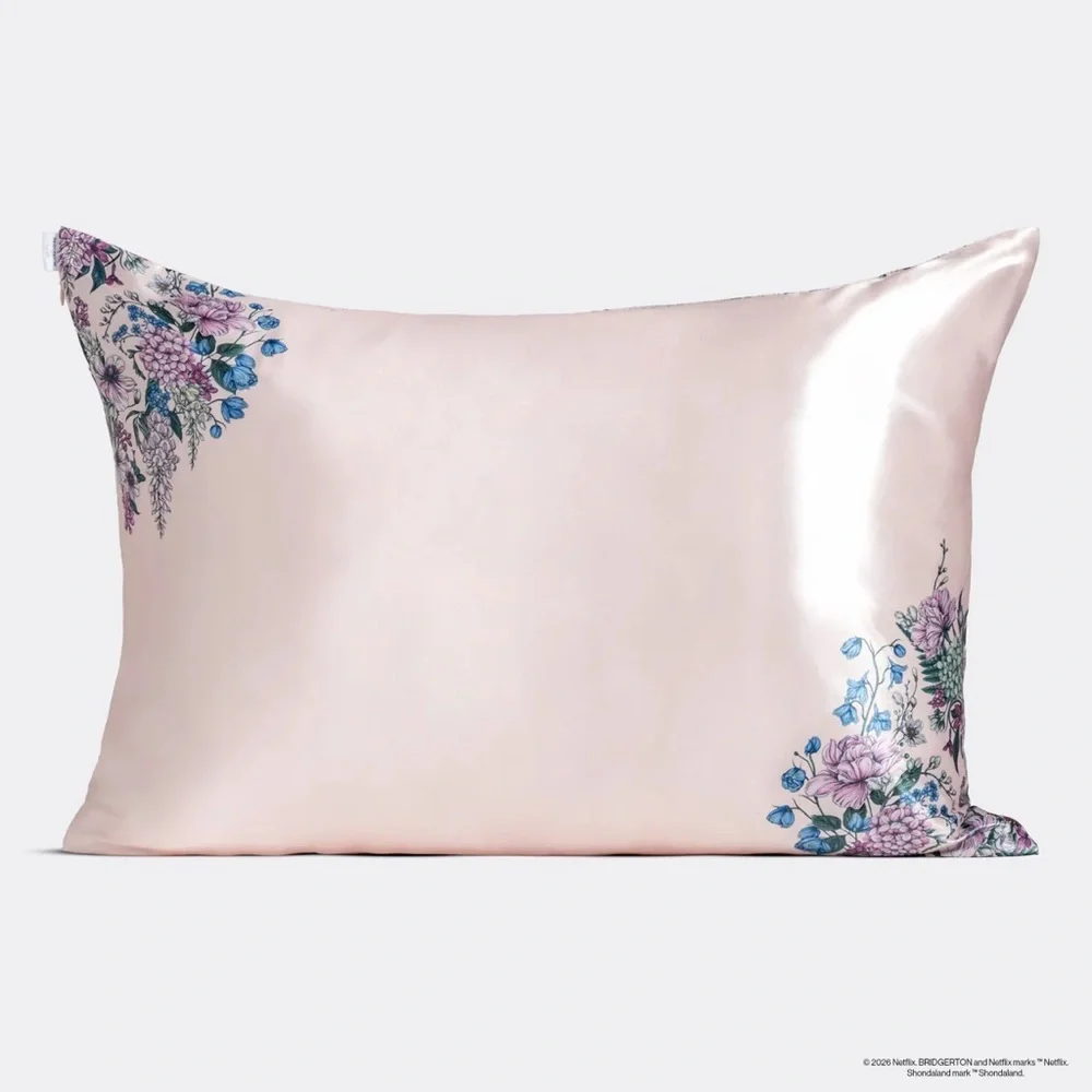 Kitsch Bridgerton Pink Satin Pillowcase with Blue & Purple Floral Accents
